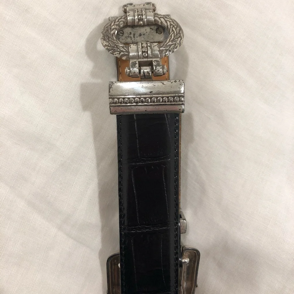Vintage 1990s Black Leather Belt with Etched Silver